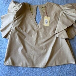 V-Neck Ruffle Sleeve Blouse in Beige